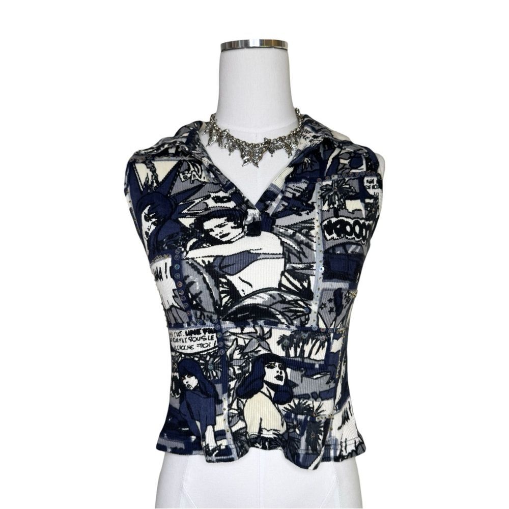 Y2K Chaudry Blue, Black + White Comic Print Beaded Cropped Collared Top Size S
